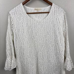 Cactus Brand Women's Lace Blouse Large White Lined Long Sleeve Ruffled Feminine